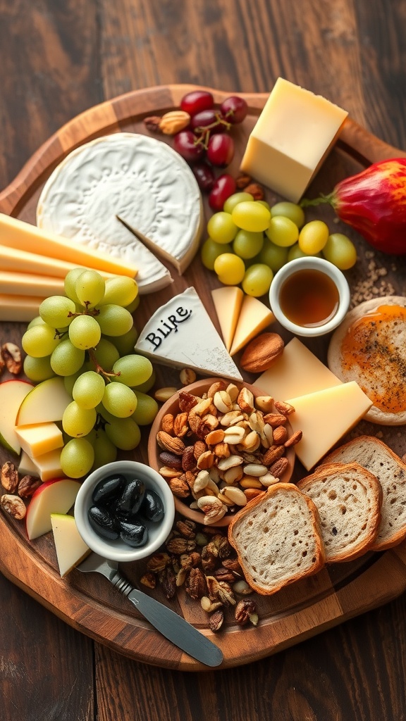 Simple and Elegant Cheese Board Ideas An elegant cheese board with various cheeses, fruits, nuts, and accompaniments on a rustic table.